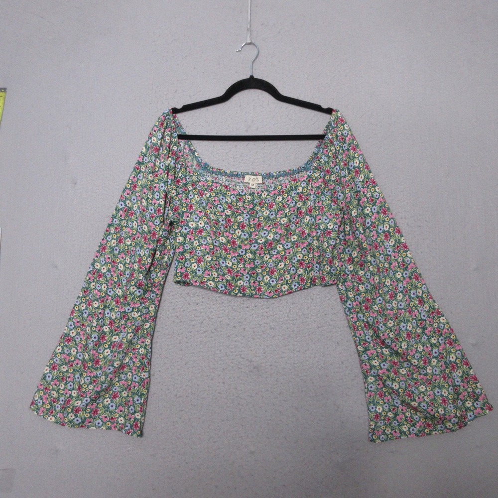 POL Top Floral Smocked Bell Sleeve Cropped Boho Cottage Fairy Romantic Peasant